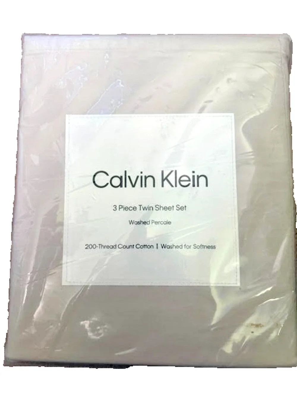 Calvin Klein Twin 3 Piece Sheet Set Beige Washed Percale 200TC Cotton NEW